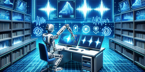 DALL·E 2023-10-13 11.06.36 - Illustration of a modern laboratory setting where an AI robot with multiple arms is actively analyzing seismic waves on a holographic computer screen