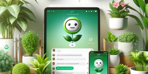 DALL·E 2024-04-11 13.26.23 - Create an image of a modern, sleek digital tablet and a smartphone displaying a chat interface with a plant care assistant app on the screen. Surround